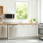 Flick International Serene kitchen featuring modern home appliances including a sleek dishwasher, a microwave, and a stove