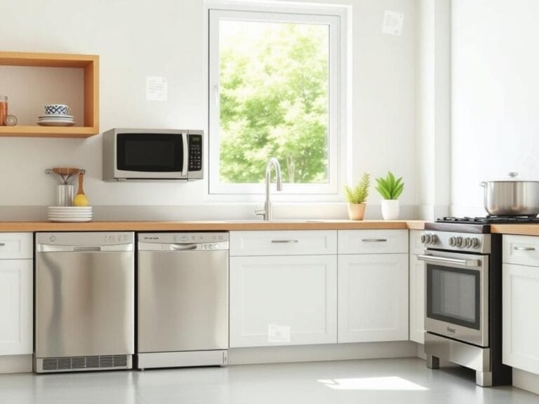 Flick International Serene kitchen featuring modern home appliances including a sleek dishwasher, a microwave, and a stove