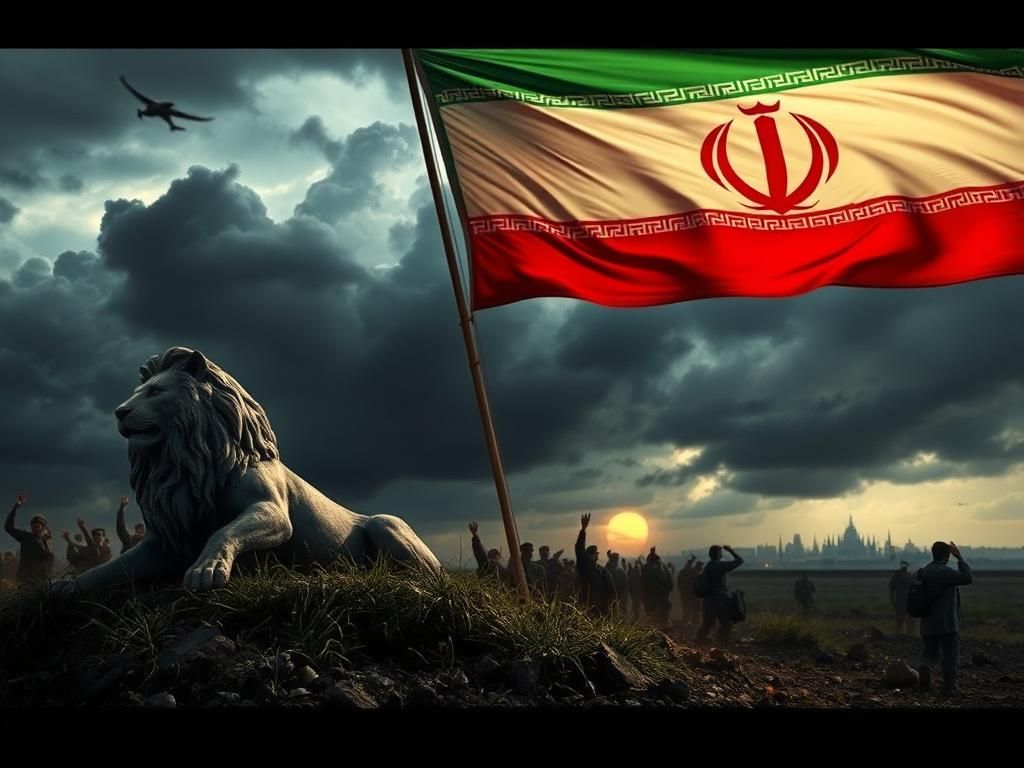 Flick International A crumbling statue of a lion overgrown with weeds, symbolizing the decaying Iranian regime