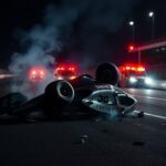 Flick International Wrecked IndyCar upside down on track with emergency vehicles and debris in a dramatic night scene.