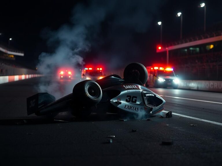 Flick International Wrecked IndyCar upside down on track with emergency vehicles and debris in a dramatic night scene.
