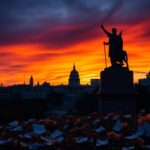 Flick International Dramatic cityscape at dusk with a government building and a cracked statue representing democracy