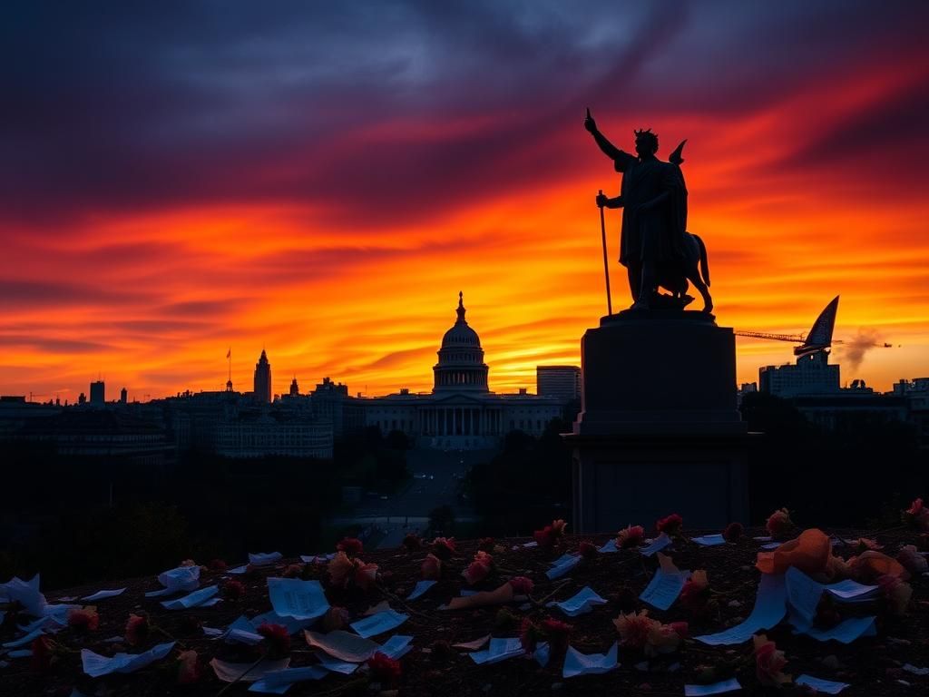Flick International Dramatic cityscape at dusk with a government building and a cracked statue representing democracy