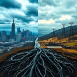 Flick International A powerful landscape contrasting New York's city skyline with rural West Virginia's coal mines