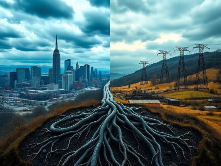 Flick International A powerful landscape contrasting New York's city skyline with rural West Virginia's coal mines