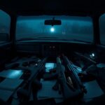 Flick International Inside a vehicle showcasing a chaotic arrangement of weapons including AK-47 rifles and a 9mm handgun amidst scattered papers and a manifesto.