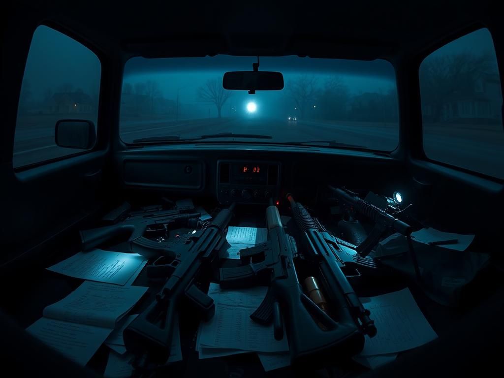 Flick International Inside a vehicle showcasing a chaotic arrangement of weapons including AK-47 rifles and a 9mm handgun amidst scattered papers and a manifesto.