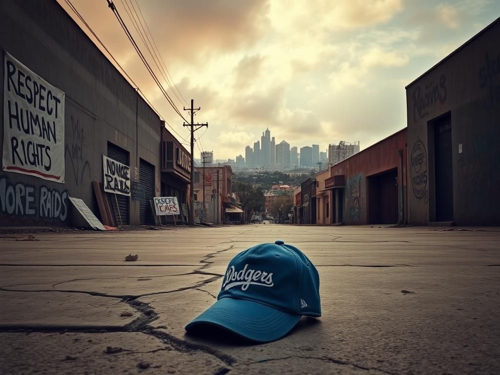 Flick International desolate urban landscape of Los Angeles under tension with protest signs and a wilted Dodgers cap