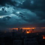 Flick International A dramatic aerial view of Tehran's skyline during twilight with destroyed missile launchers in the foreground