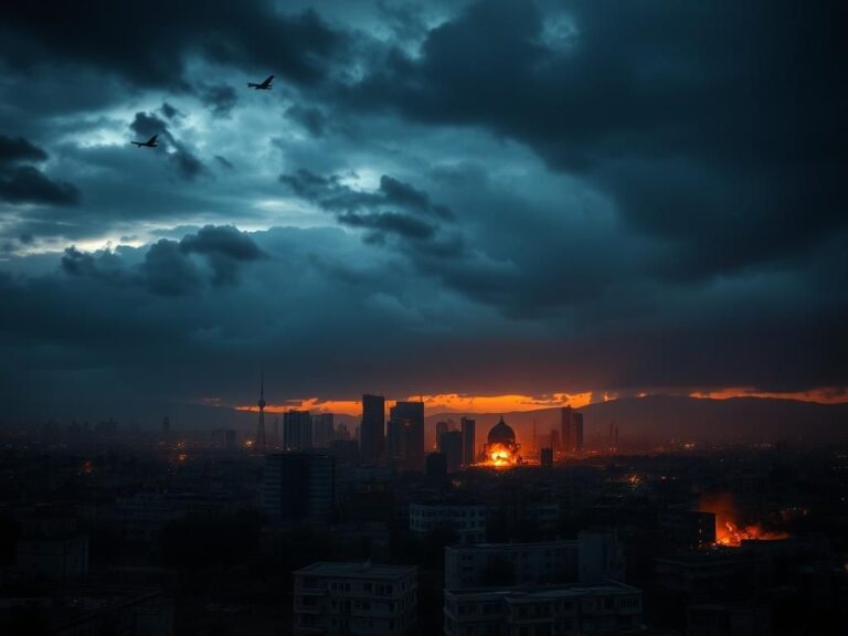 Flick International A dramatic aerial view of Tehran's skyline during twilight with destroyed missile launchers in the foreground