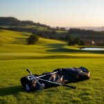 Flick International A serene view of a golf course at Kinsale Golf and Fitness Club with an empty golf bag and clubs on the grass.