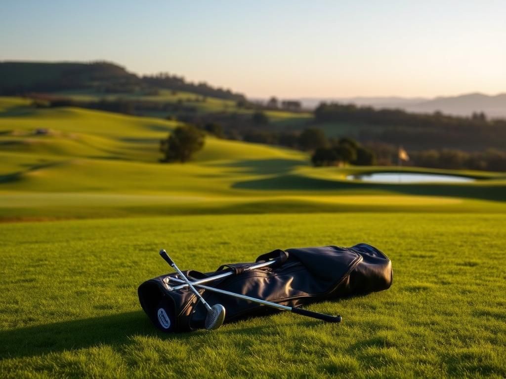 Flick International A serene view of a golf course at Kinsale Golf and Fitness Club with an empty golf bag and clubs on the grass.