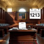 Flick International Empty legislative chamber with polished wooden benches and an ornate wooden desk
