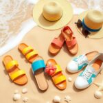 Flick International Assortment of trendy summer shoes on sandy beach
