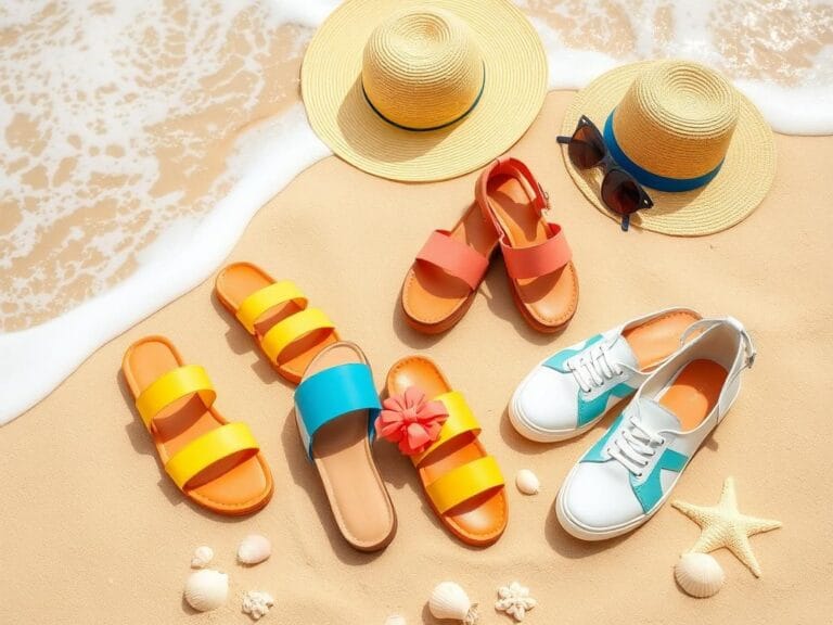 Flick International Assortment of trendy summer shoes on sandy beach