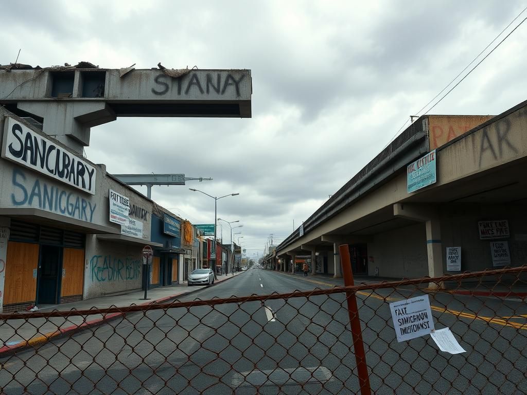 Flick International Somber urban landscape in Los Angeles with boarded-up storefronts and graffiti about immigration