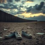 Flick International Abandoned children's shoes in dry dirt representing the plight of migrants