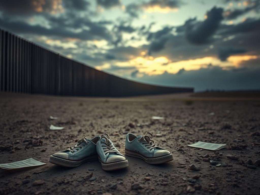 Flick International Abandoned children's shoes in dry dirt representing the plight of migrants
