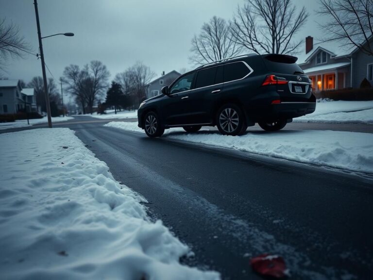 Flick International Winter scene in Dedham, Massachusetts featuring a black Lexus LX 570 SUV parked near a curb