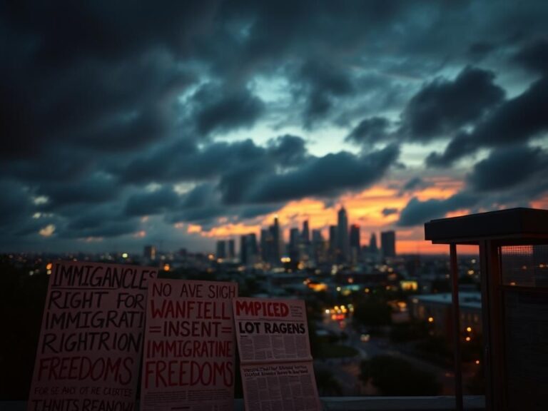 Flick International A cinematic view of Los Angeles at dusk with protest signs advocating for immigration rights