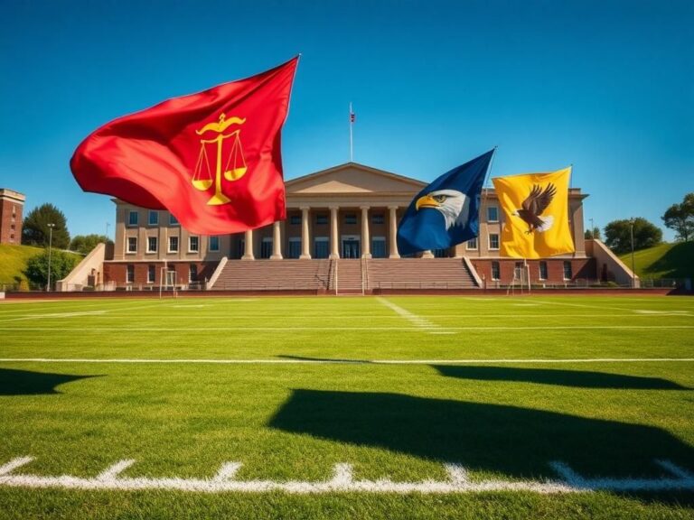 Flick International A military academy sports field showcasing symbols of fairness and integrity with vibrant banners