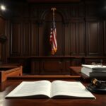 Flick International A dimly lit courtroom scene showing an empty jury box and open legal document on a wooden table