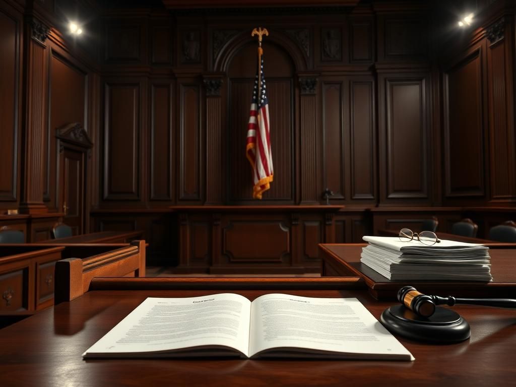Flick International A dimly lit courtroom scene showing an empty jury box and open legal document on a wooden table