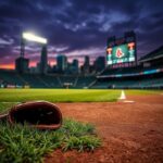Flick International A worn baseball glove and bat on grass at home plate with Boston skyline in the background