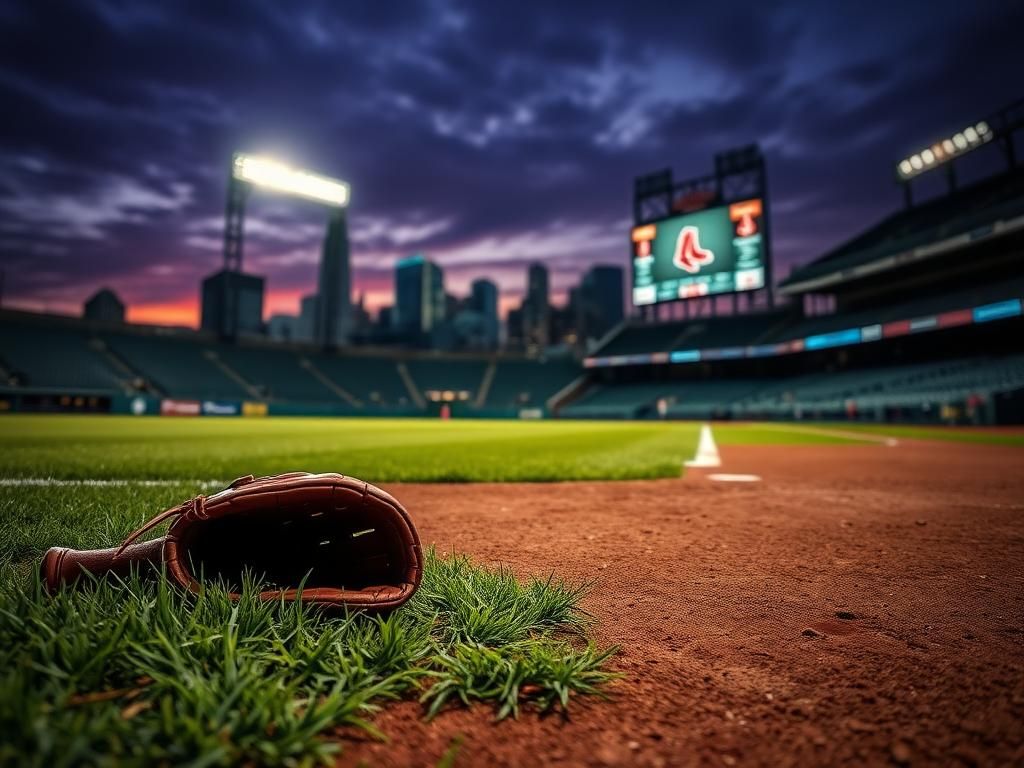 Flick International A worn baseball glove and bat on grass at home plate with Boston skyline in the background