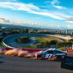 Flick International A dynamic aerial view of the Autódromo Hermanos Rodríguez racetrack in Mexico City featuring a NASCAR car in motion.