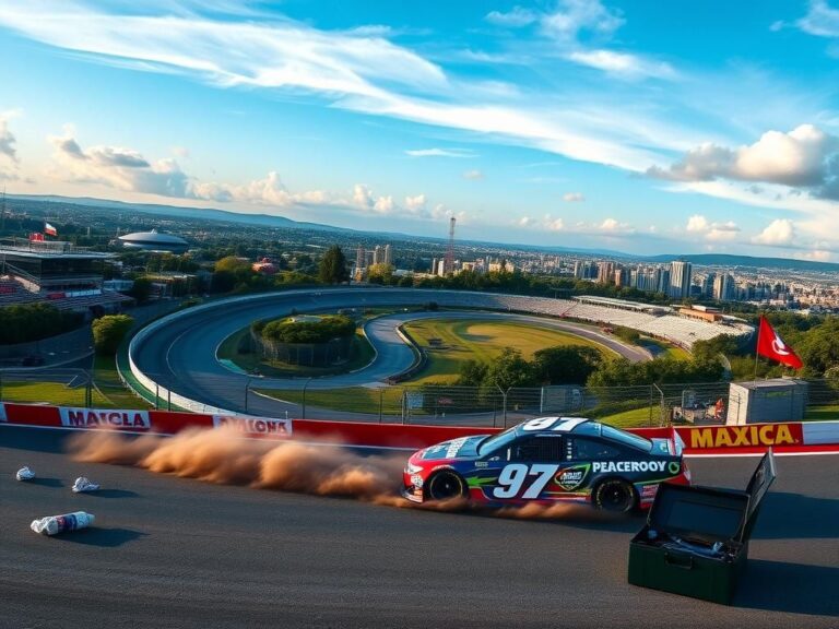Flick International A dynamic aerial view of the Autódromo Hermanos Rodríguez racetrack in Mexico City featuring a NASCAR car in motion.