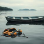 Flick International A weathered, empty boat floating on a calm lake, surrounded by greenery