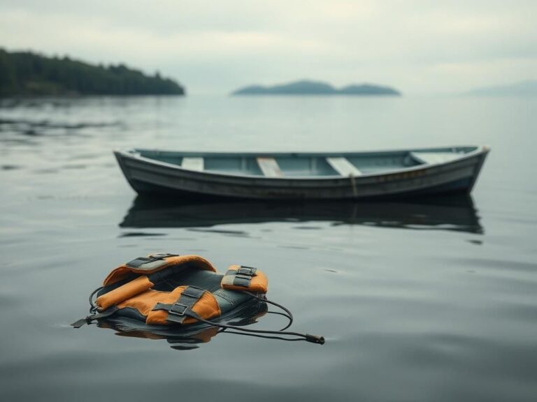 Flick International A weathered, empty boat floating on a calm lake, surrounded by greenery