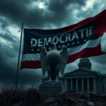 Flick International A weathered Democratic Party flag fraying against a stormy sky