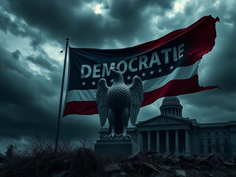 Flick International A weathered Democratic Party flag fraying against a stormy sky
