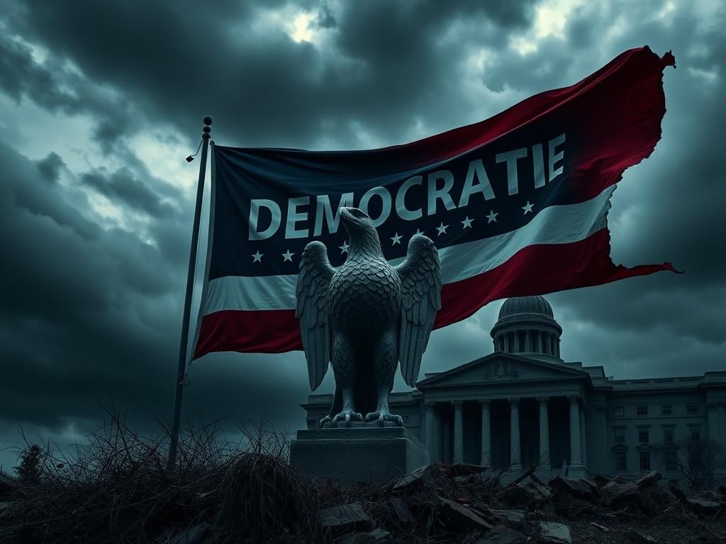 Flick International A weathered Democratic Party flag fraying against a stormy sky