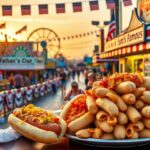 Flick International A vibrant scene of a Coney Island hot dog eating contest with festive atmosphere and food
