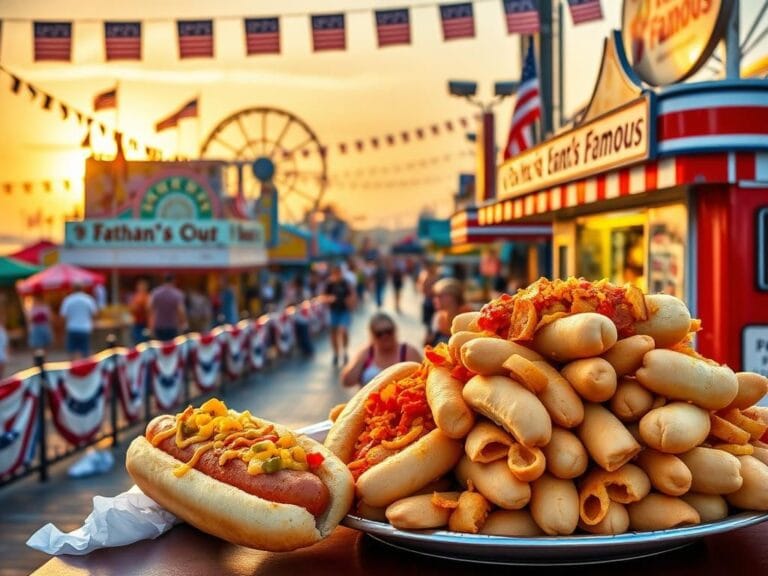Flick International A vibrant scene of a Coney Island hot dog eating contest with festive atmosphere and food