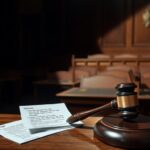 Flick International Dimly lit courtroom with an empty witness stand and papers on the bench