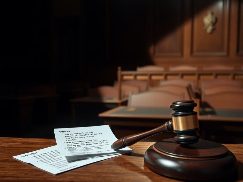 Flick International Dimly lit courtroom with an empty witness stand and papers on the bench