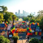 Flick International A vibrant protest scene with colorful banners in an urban park promoting anti-Trump messages.