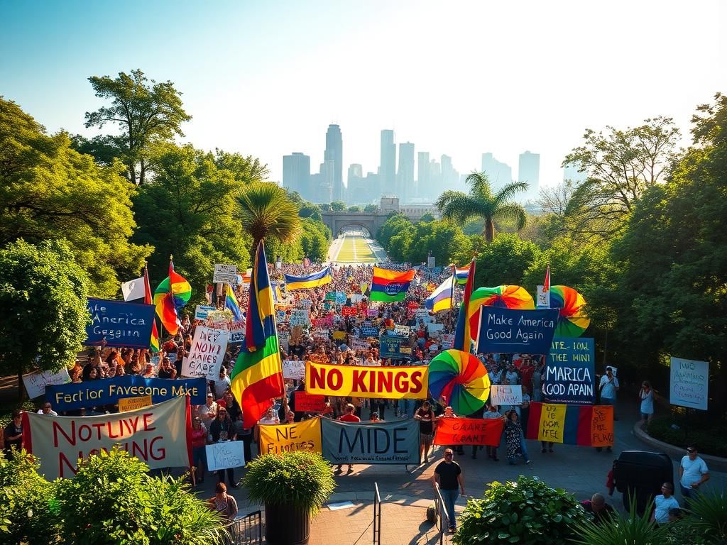 Flick International A vibrant protest scene with colorful banners in an urban park promoting anti-Trump messages.