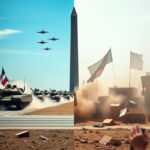 Flick International A dramatic contrast between a vibrant military parade and chaotic protest scenes