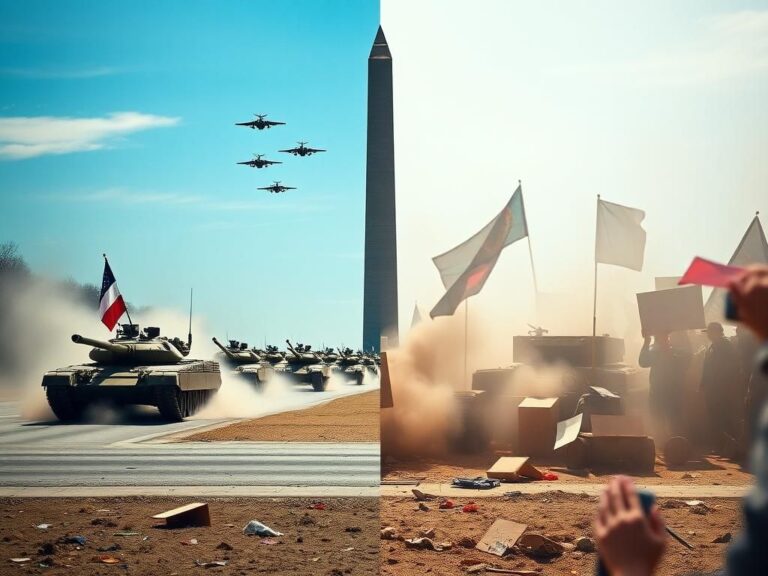 Flick International A dramatic contrast between a vibrant military parade and chaotic protest scenes