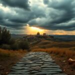 Flick International Dramatic landscape of Judea and Samaria with olive trees and distant Jerusalem skyline