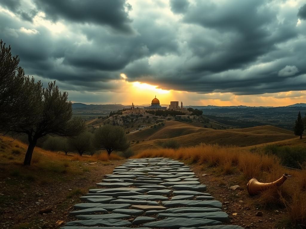 Flick International Dramatic landscape of Judea and Samaria with olive trees and distant Jerusalem skyline