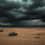 Flick International A dramatic landscape of the Middle East showing a barren desert with stormy skies and military silhouettes