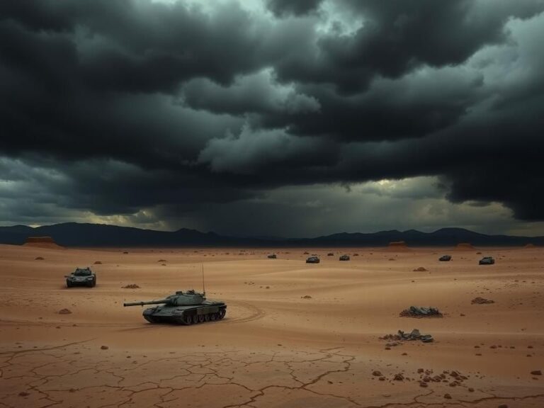 Flick International A dramatic landscape of the Middle East showing a barren desert with stormy skies and military silhouettes