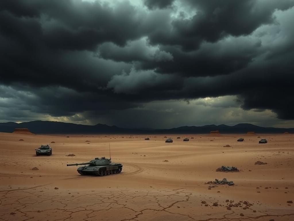 Flick International A dramatic landscape of the Middle East showing a barren desert with stormy skies and military silhouettes