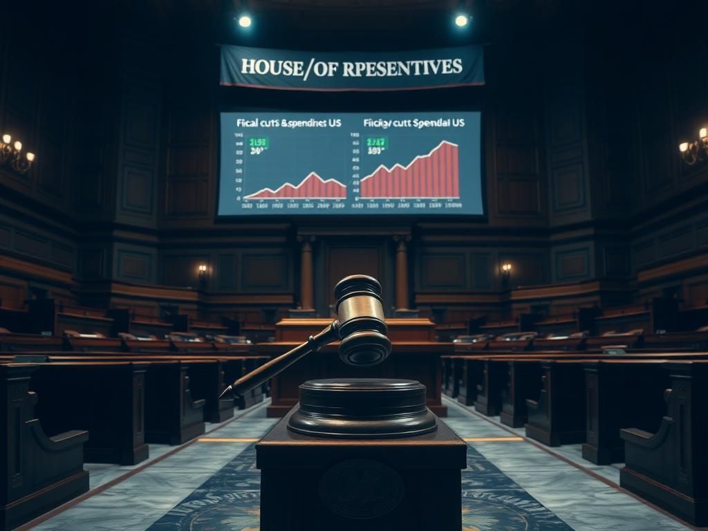 Flick International A dramatic scene inside a dimly lit congressional chamber showcasing a large, ornate gavel symbolizing legislative power.